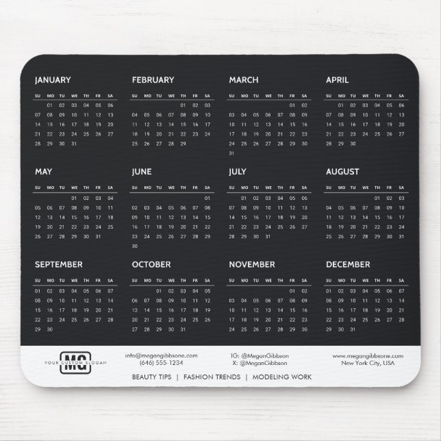 Black Customisable 2024 Calendar Initials Monogram Mouse Pad (Front)