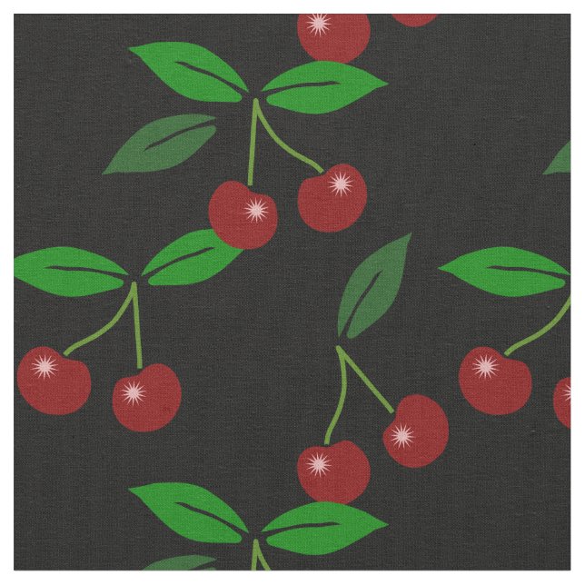 Black Customisable Classic Cherry Fruit and Leaf Fabric (Close Up)