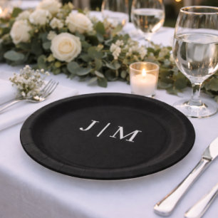 Black Customisable Monogram Wedding Paper Plates