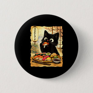 Black cute cat eating sushi kawaii japanese food 6 cm round badge