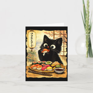 Black cute cat eating sushi kawaii japanese food card