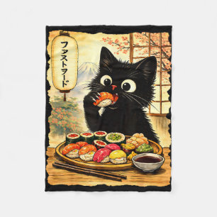 Black cute cat eating sushi kawaii japanese food fleece blanket