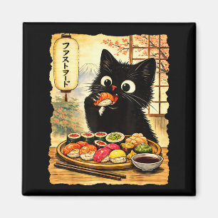 Black cute cat eating sushi kawaii japanese food magnet