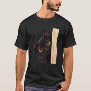 Black Cute Cat Peeking Around Corner Watching You T-Shirt