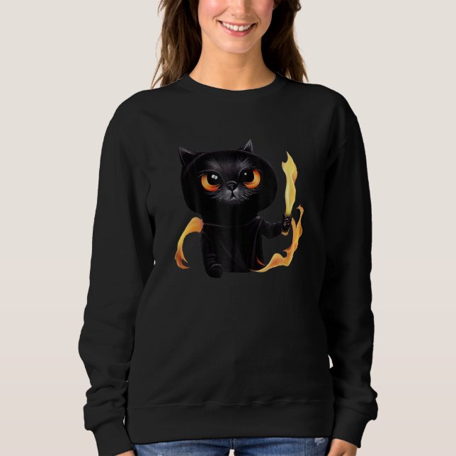 Black Cute Cat Wizard With Power Of Fire For Anima Sweatshirt (Front)