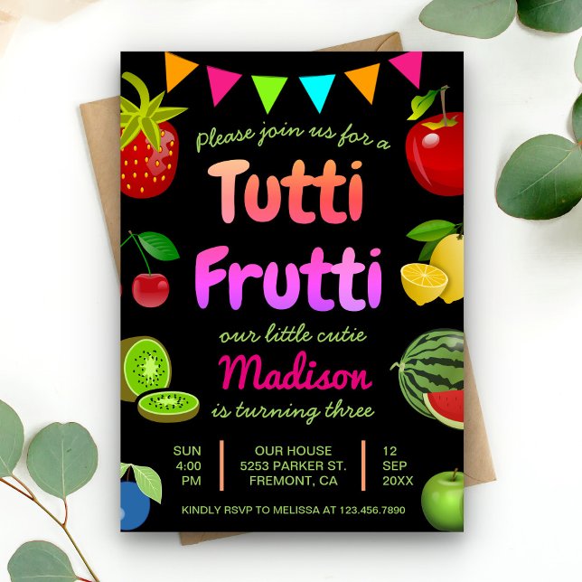 Black Cute Fruits Tutti Frutti Kids Birthday Party Invitation (Creator Uploaded)