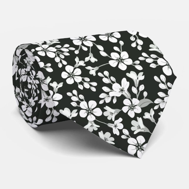 Black cute little floral pattern tie (Rolled)