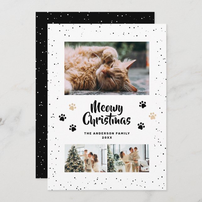 Black Cute Meowy Christmas Snow Photo Holiday Card (Front/Back)