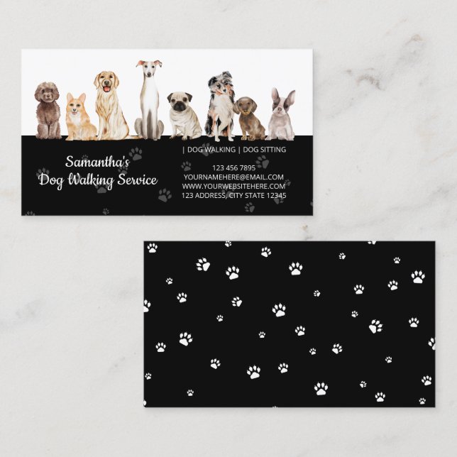 Black Cute Paws Watercolor Dogs Business Card (Front/Back)