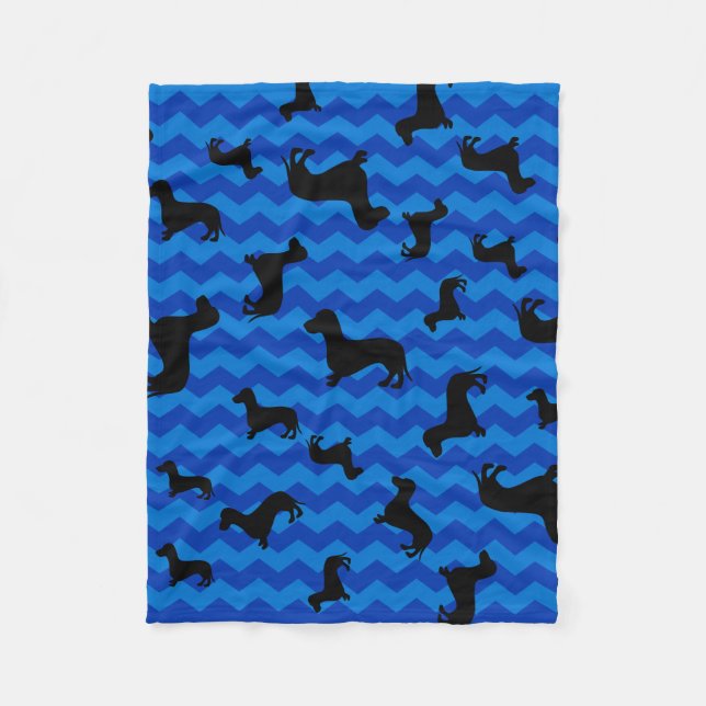 Black dachshund blue chevrons fleece blanket (Front)