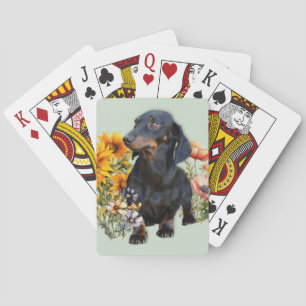 Black Dachshund Dog in Wildflowers Playing Cards