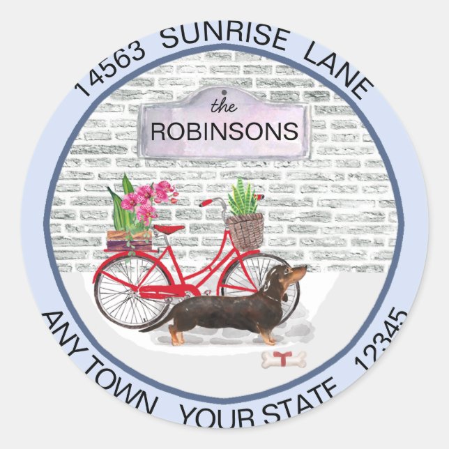 Black Dachshund Dog Moving Bicycle New Address     Classic Round Sticker (Front)