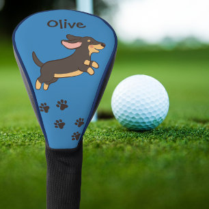 Black Dachshund Golf Paw Prints Blue with Name Head Cover