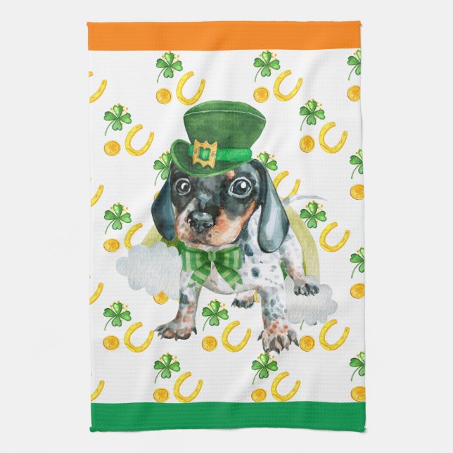 Black Dachshund Holiday Home Decor St Patricks Day Tea Towel (Vertical)