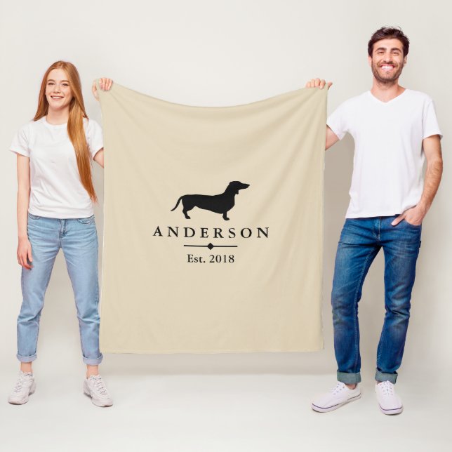 Black Dachshund Silhouette & Taupe | Personalised Fleece Blanket (In Situ)