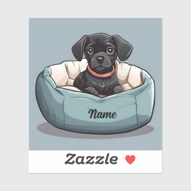 Black Dachshund Sitting in Dog Bed Customise Name (Sheet)