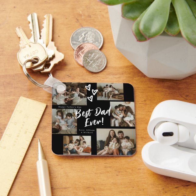 Black Dad Script Typography 6 Photo Collage Key Ring (Desk)