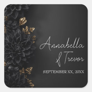 Black Dahlias & Gold Moody Floral Custom Name Square Sticker