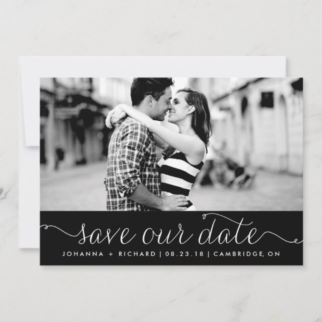 Black Dainty Script Save Our Date Announcement (Front)