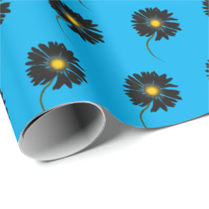 black daisies on aqua blue wrapping paper