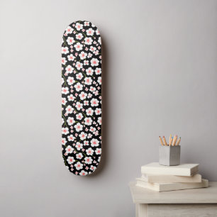 Black Daisy Floral Cute Vintage Pattern Aesthetic  Skateboard