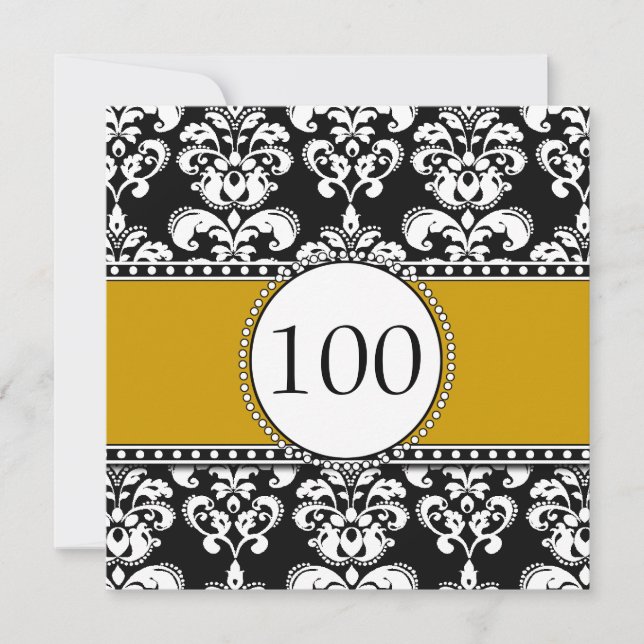 Black Damask 100th Birthday Invitations Gold (Front)