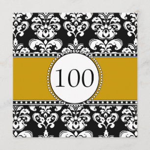 Black Damask 100th Birthday Invitations Gold