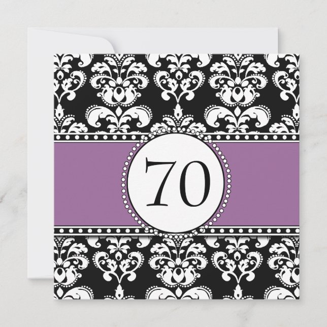 Black Damask 70th Birthday Invitation Purple Mauve (Front)