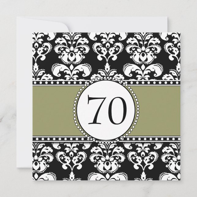 Black Damask 70th Birthday Invitations Sage (Front)