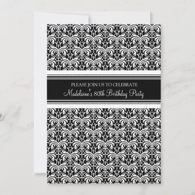 Black Damask 80th Birthday Party Invitations (Front)
