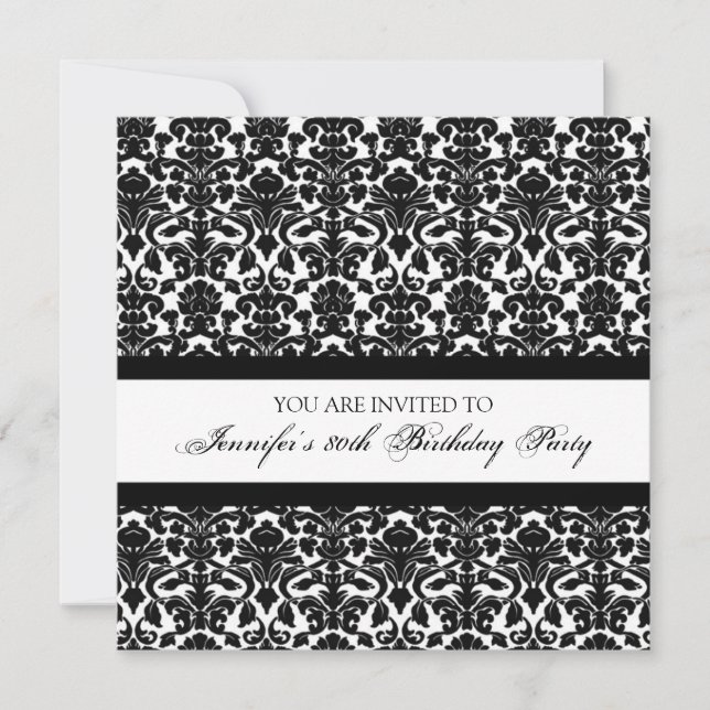 Black Damask 80th Birthday Party Invitations (Front)
