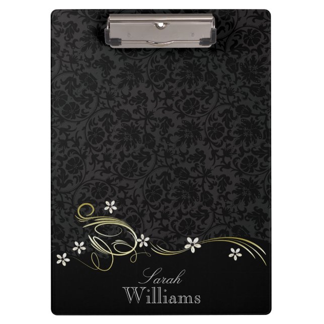 Black Damask and Black Swirls Clipboard (Front)