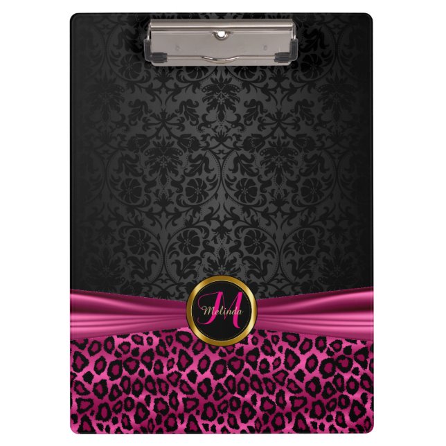 Black Damask and Bright Pink Leopard Design Clipboard (Front)