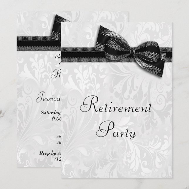 Black Damask and Faux Bow Retirement Invitation (Front/Back)