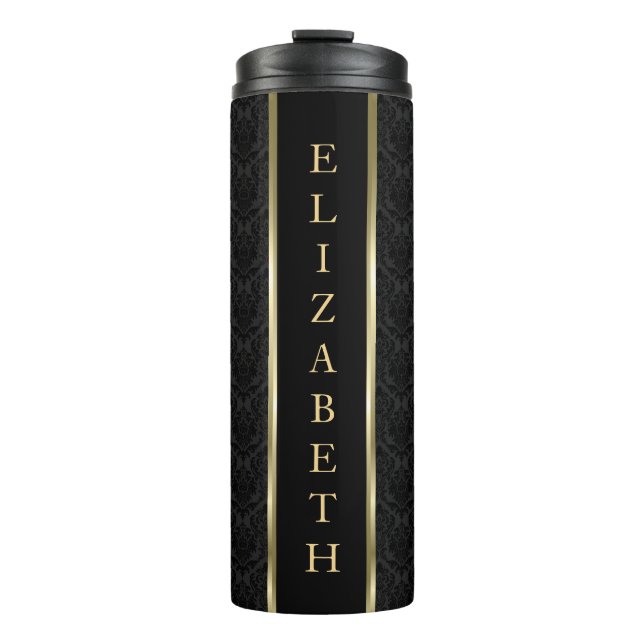 Black Damask And Gold Black Stripe Thermal Tumbler (Front)