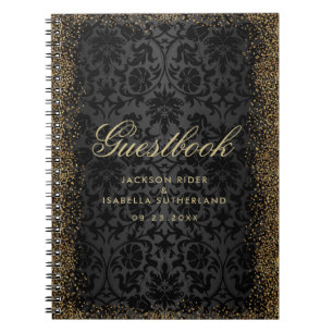 Black Damask and Gold Confetti Glitter - Guestbook Notebook