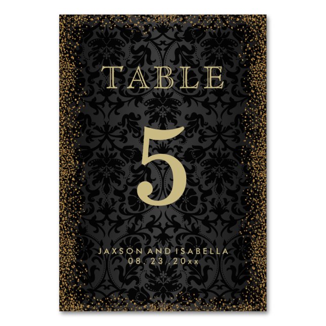 Black Damask and Gold Confetti Glitter -Table Card (Front)