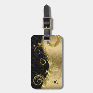 Black Damask And Gold Damask And Swirl Luggage Tag