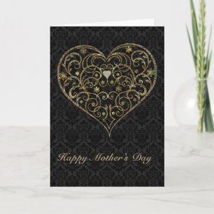 Black Damask And Gold Floral Heart-Mother's Day Card