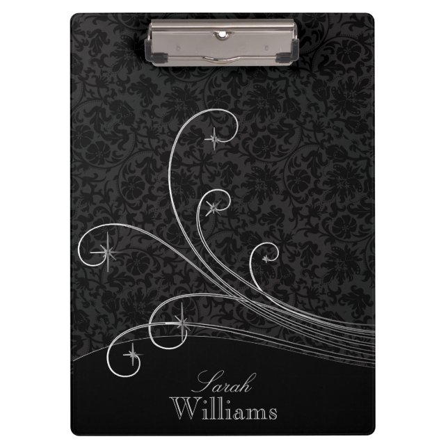 Black Damask and Grey Swirls Clipboard (Front)