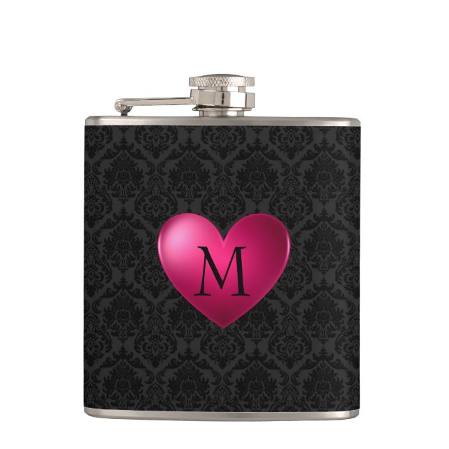 Black Damask And Pink Heart Hip Flask (Front)
