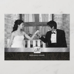Black Damask and Silver Modern Rehearsal Dinner Invitation