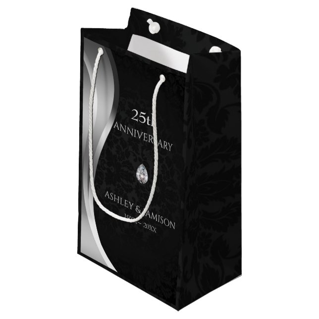 Black Damask And Silver Swirl Small Gift Bag (Front Angled)
