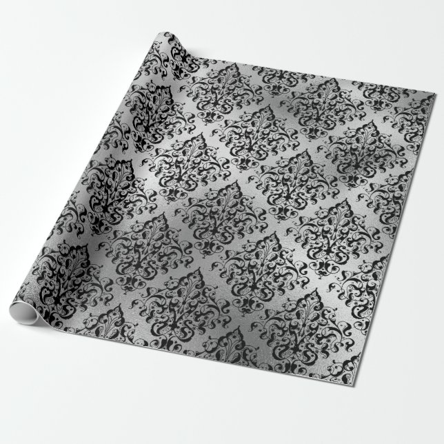 Black Damask and Silver Wrapping Paper (Unrolled)