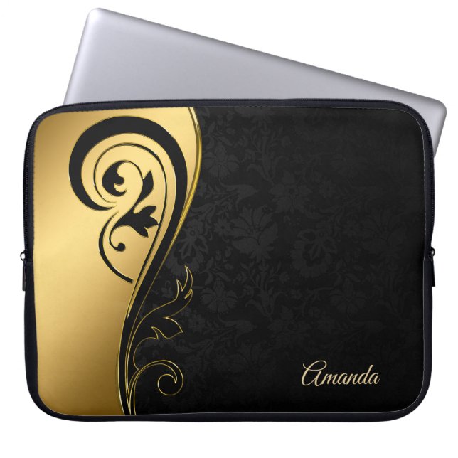 Black Damask And Swirl Laptop Sleeve (Front)