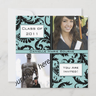 Black Damask Aqua Blue Graduation Invitation