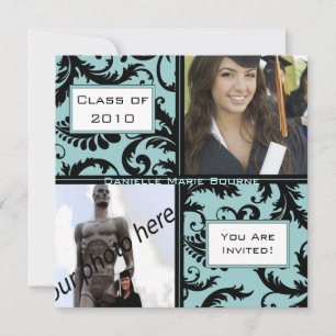 Black Damask Aqua Blue Graduation Invitation