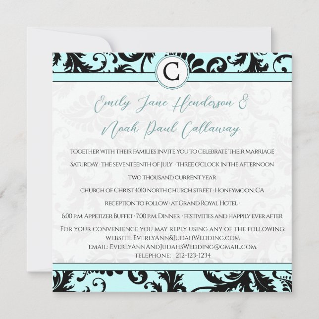 Black Damask Aqua Blue Wedding Invitation (Front)