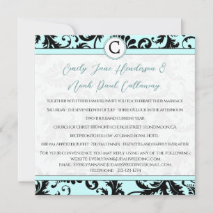 Black Damask Aqua Blue Wedding Invitation