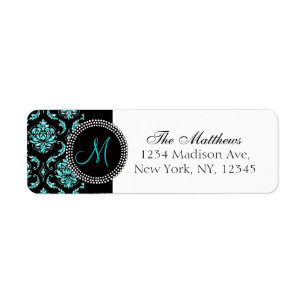 Black Damask Aqua Glitter Printed Monogram Return Address Label